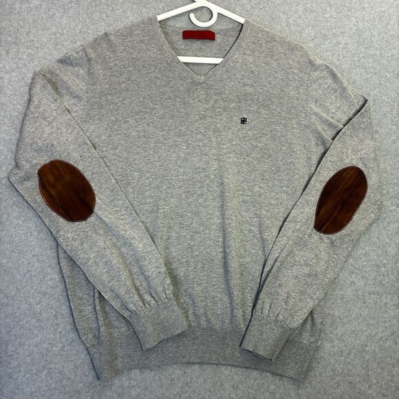 Carolina Herrera Cotton Sweater L Grey V Neck Leather Elbow Patch Classic Fit - Picture 1 of 7